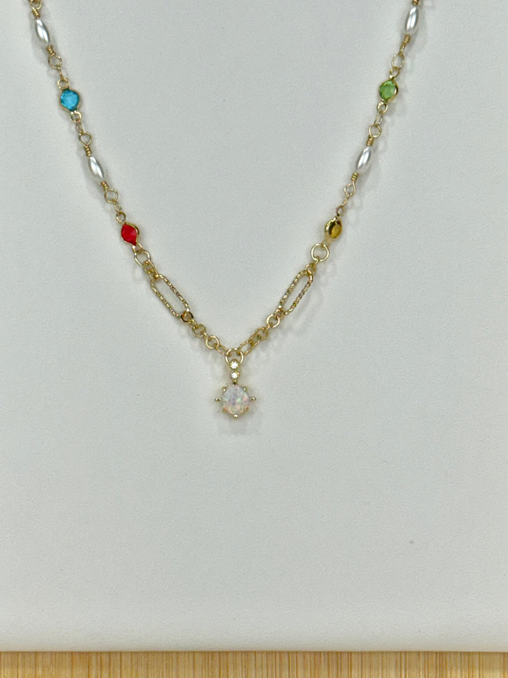 White Opal Pendant Necklace with Pearls and CZ Stones