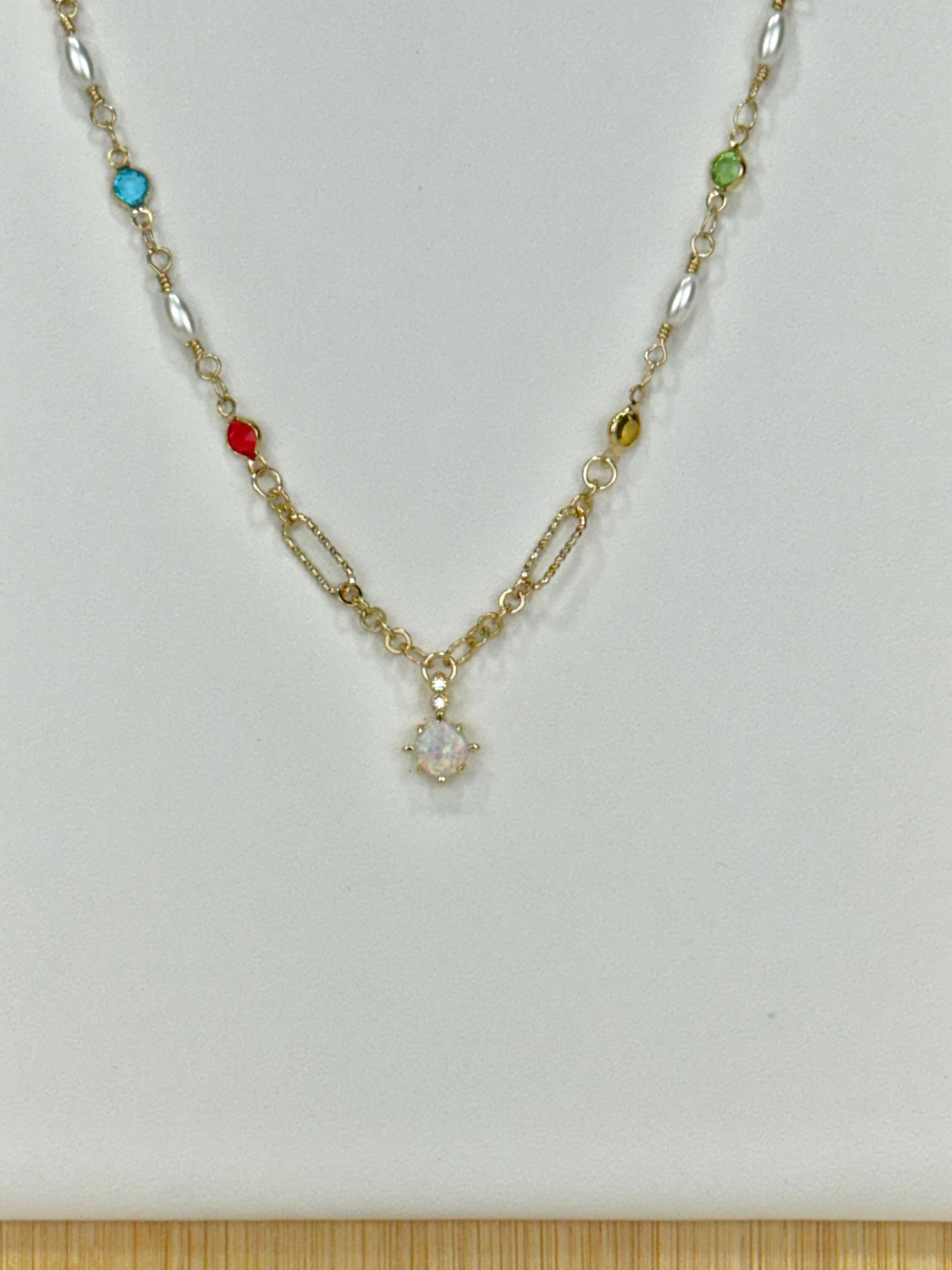 White Opal Pendant Necklace with Pearls and CZ Stones