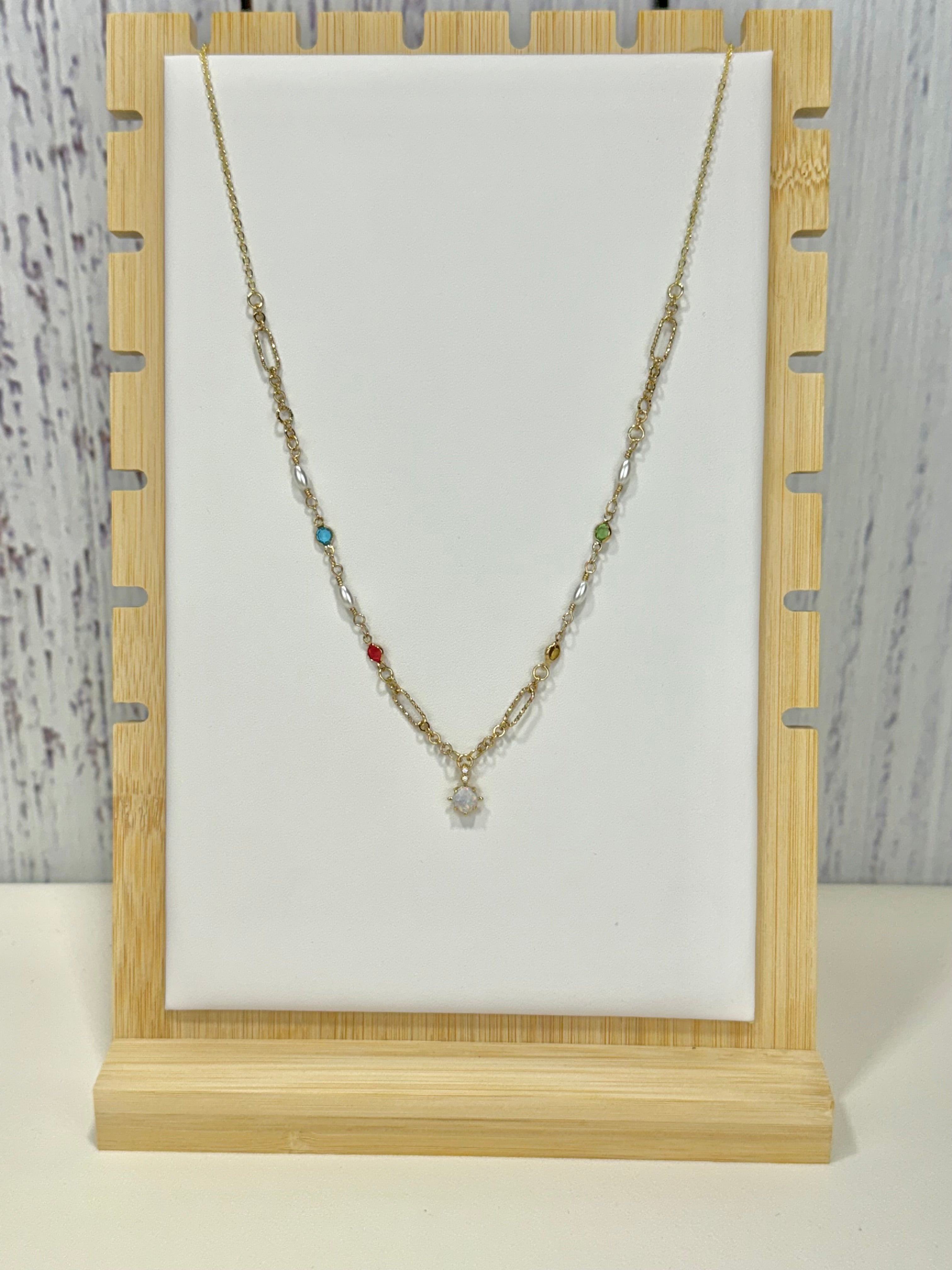 White Opal Pendant Necklace with Pearls and CZ Stones