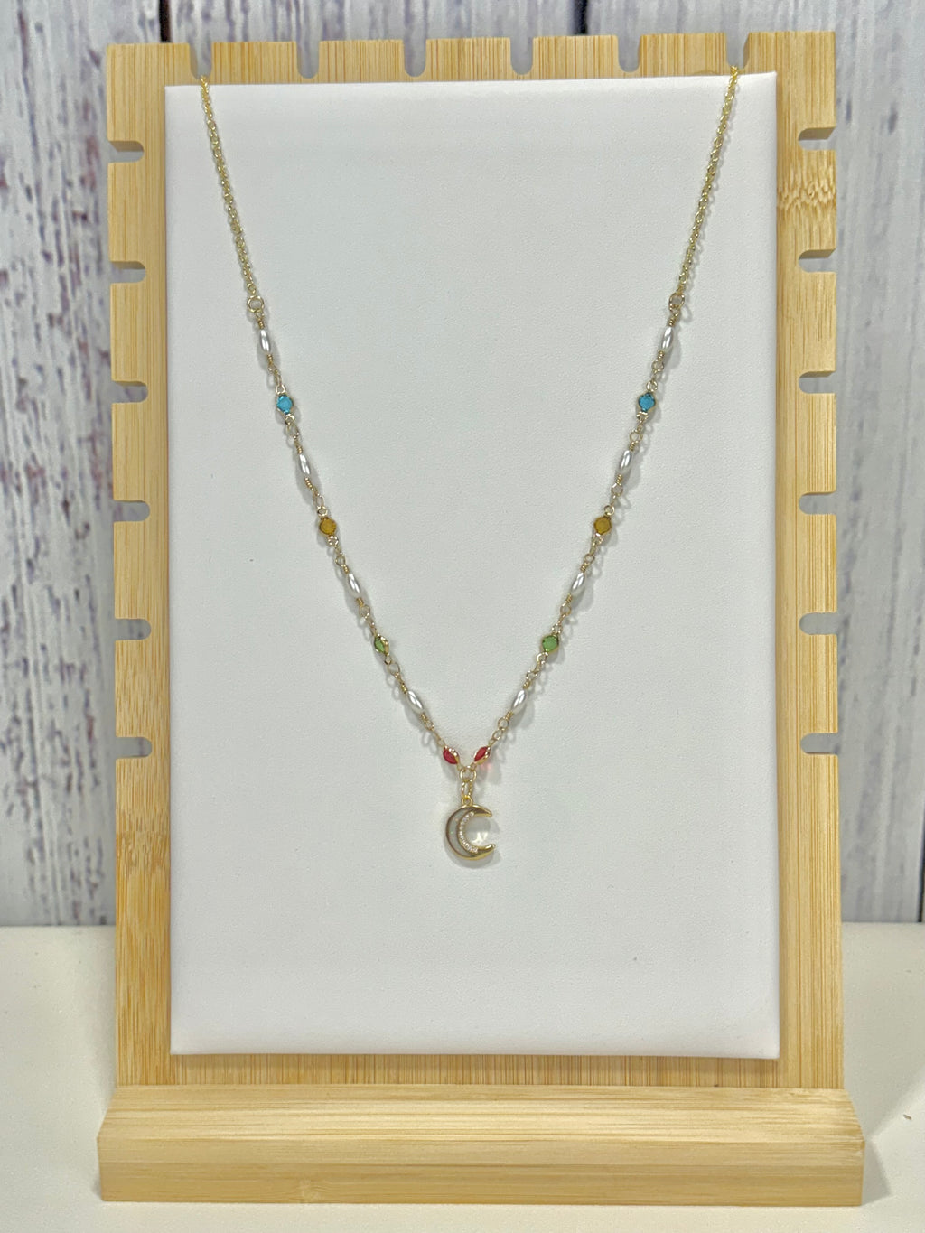 White Opal Moon Pendant Necklace with Pearls and CZ Stones