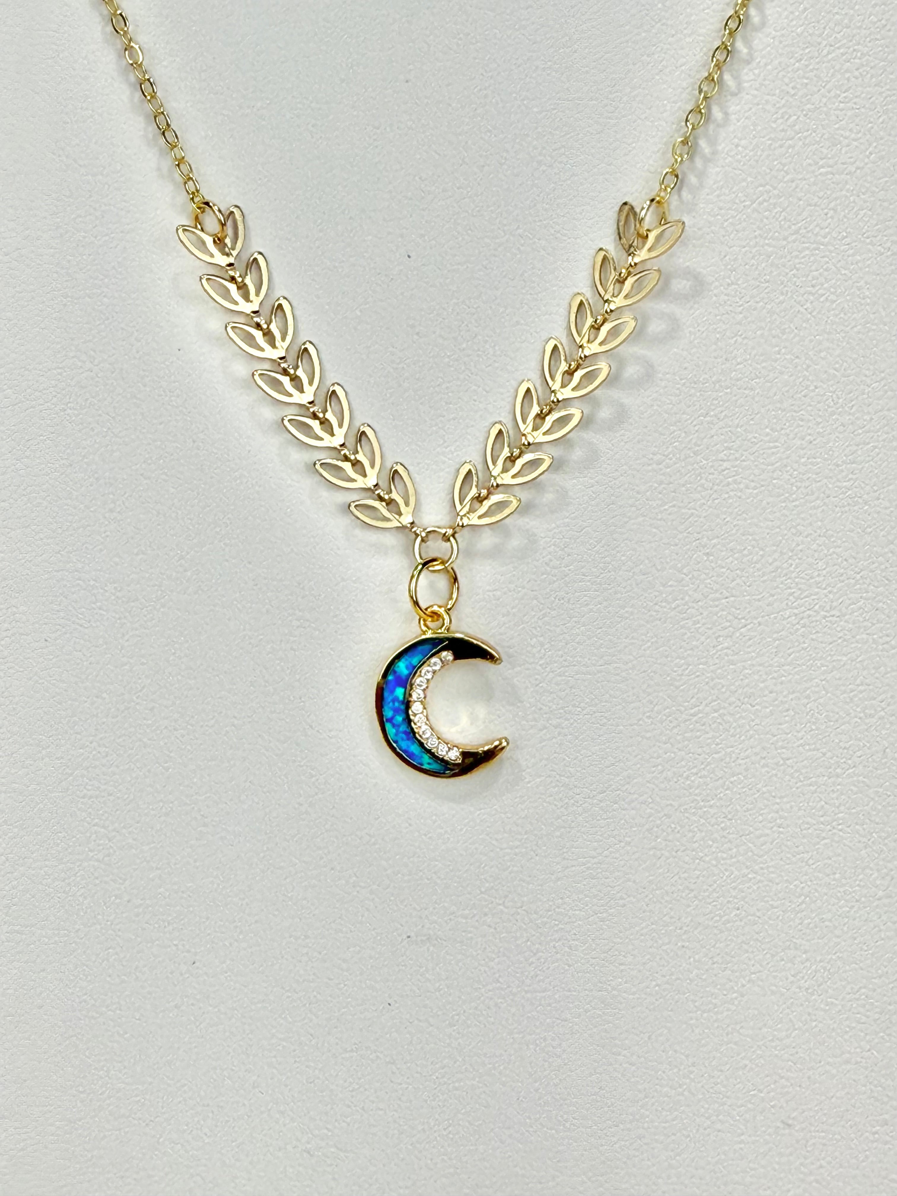 Blue Opal Moon Pendant Necklace