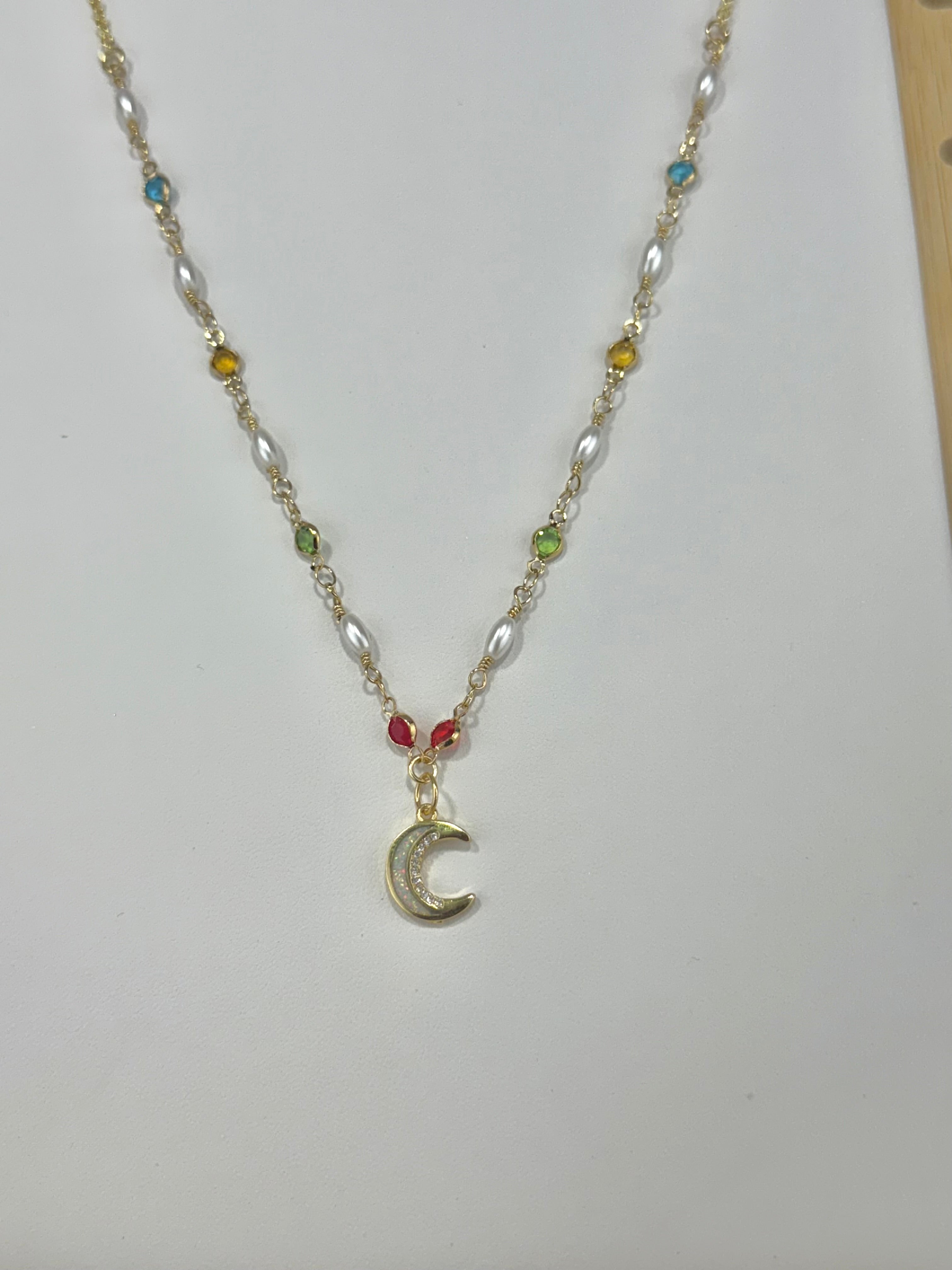 White Opal Moon Pendant Necklace with Pearls and CZ Stones