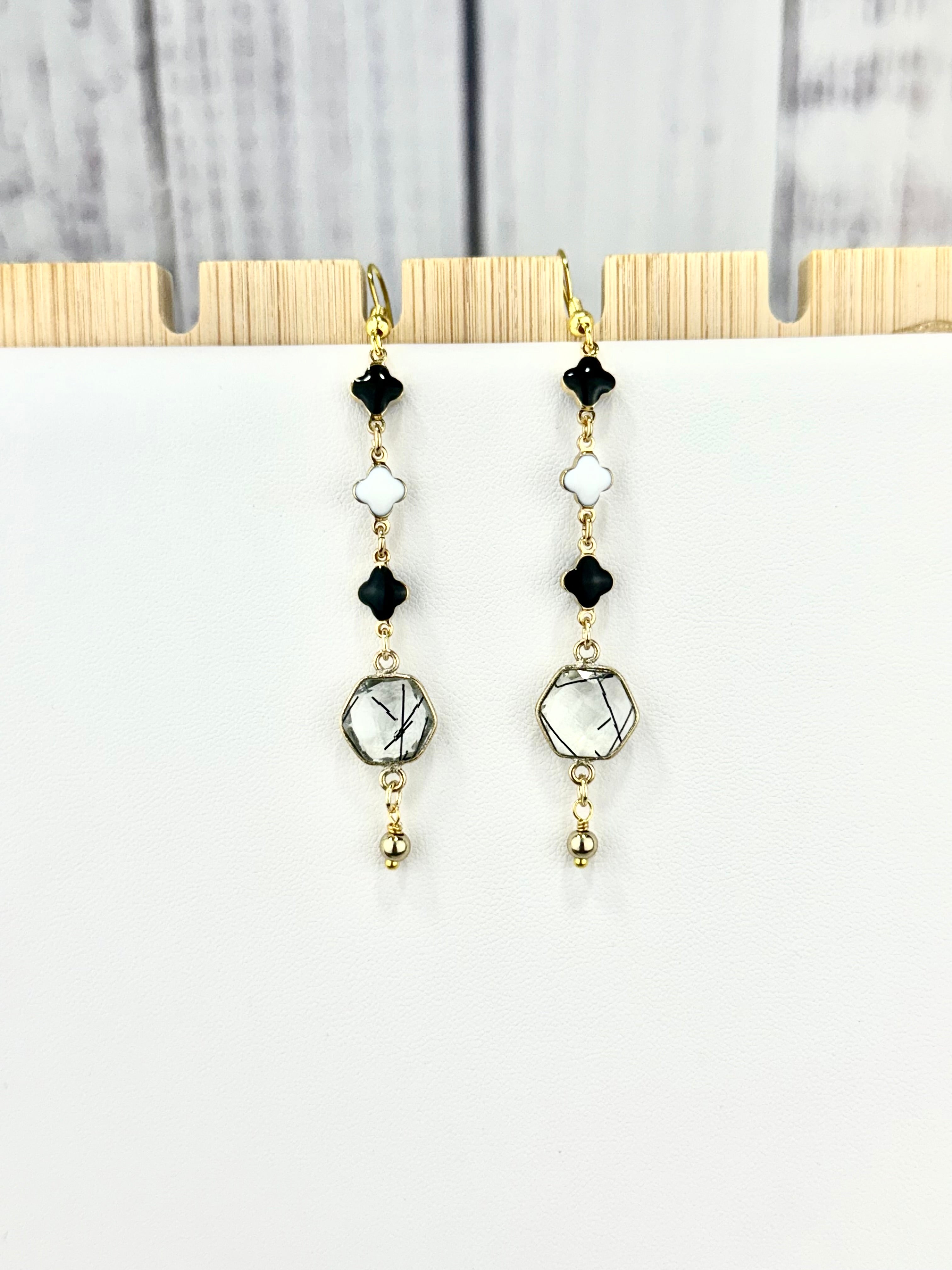 Black Tourmaline In Quarts Pendant w/Clover earrings