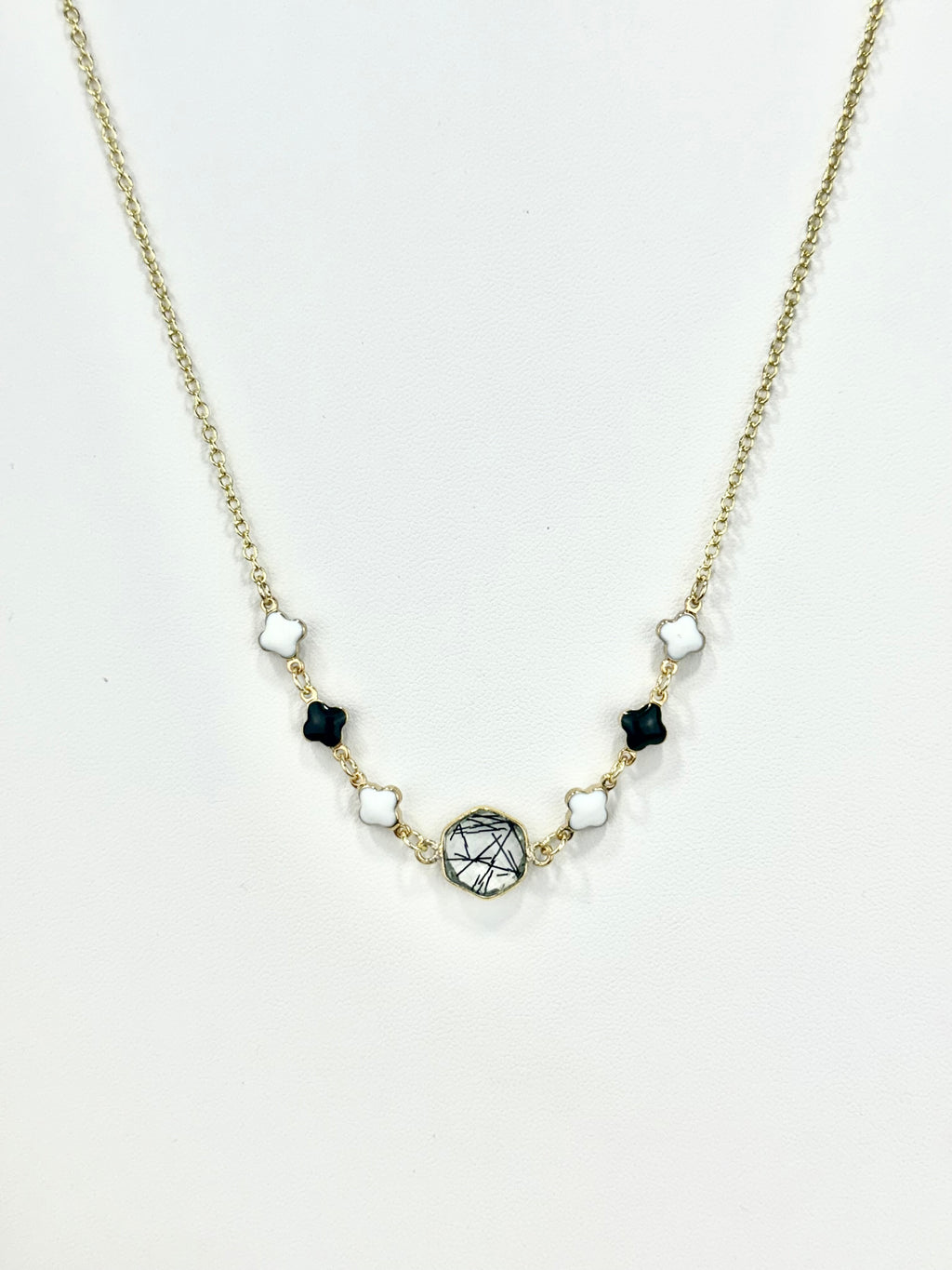 Black Tourmaline In Quarts Pendant w/ Clover Necklace