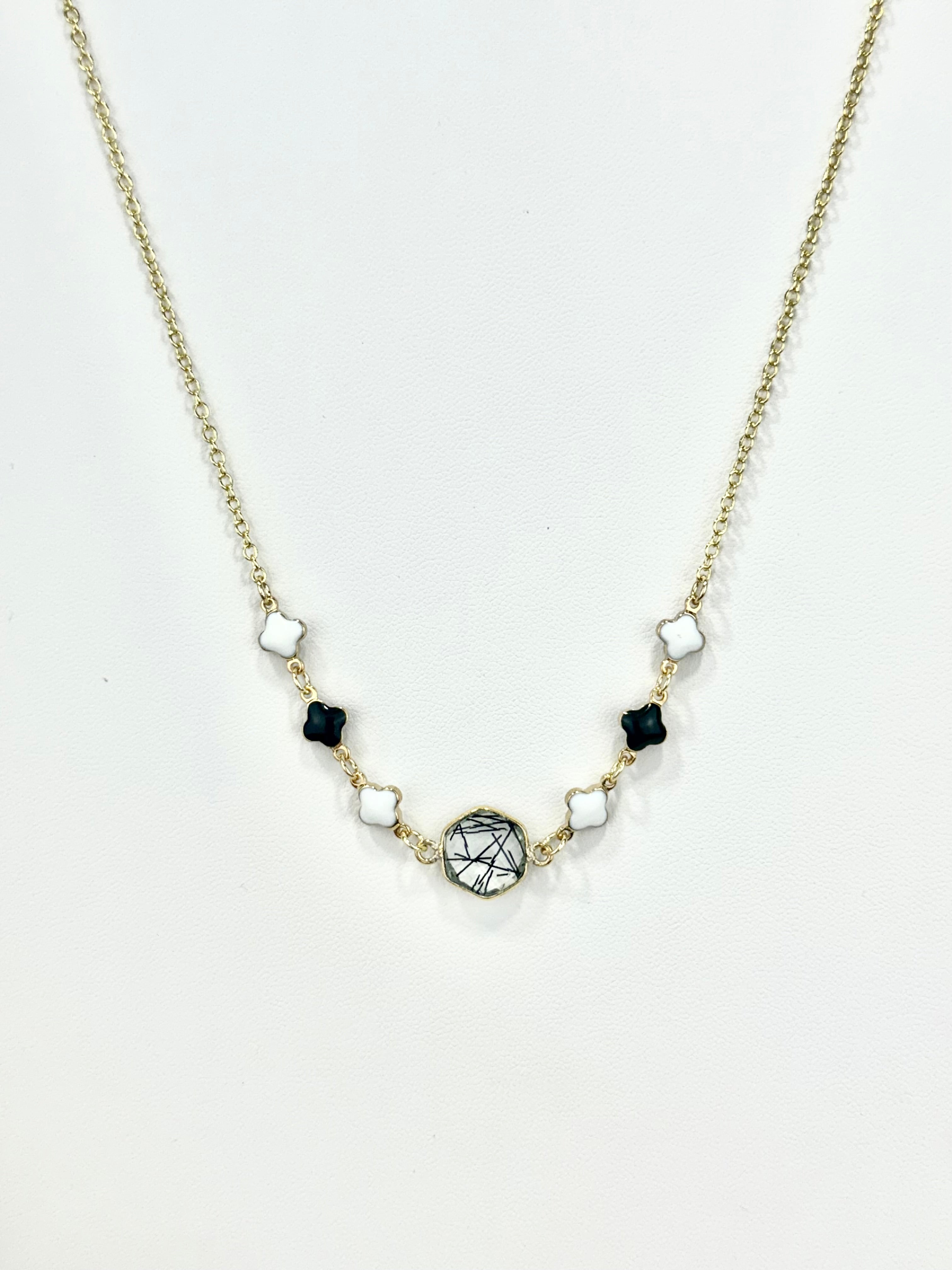 Black Tourmaline In Quarts Pendant w/ Clover Necklace
