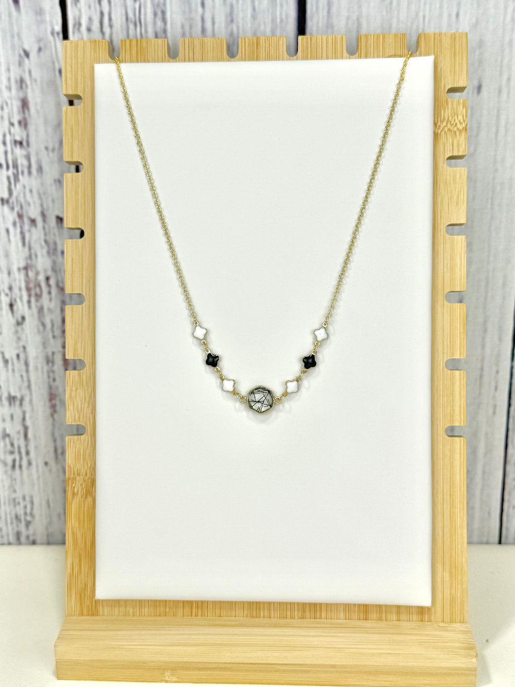 Black Tourmaline In Quarts Pendant w/ Clover Necklace