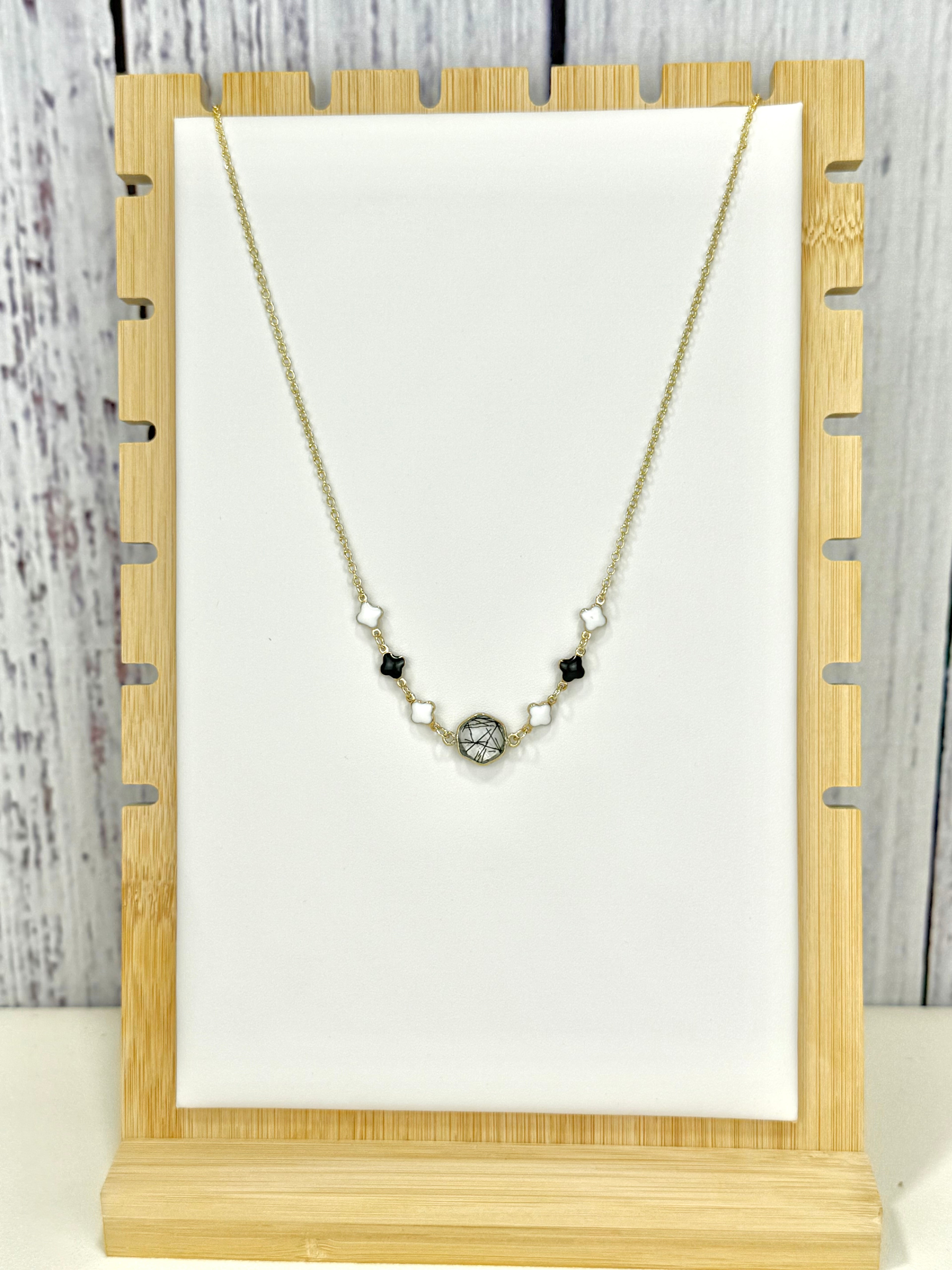 Black Tourmaline In Quarts Pendant w/ Clover Necklace